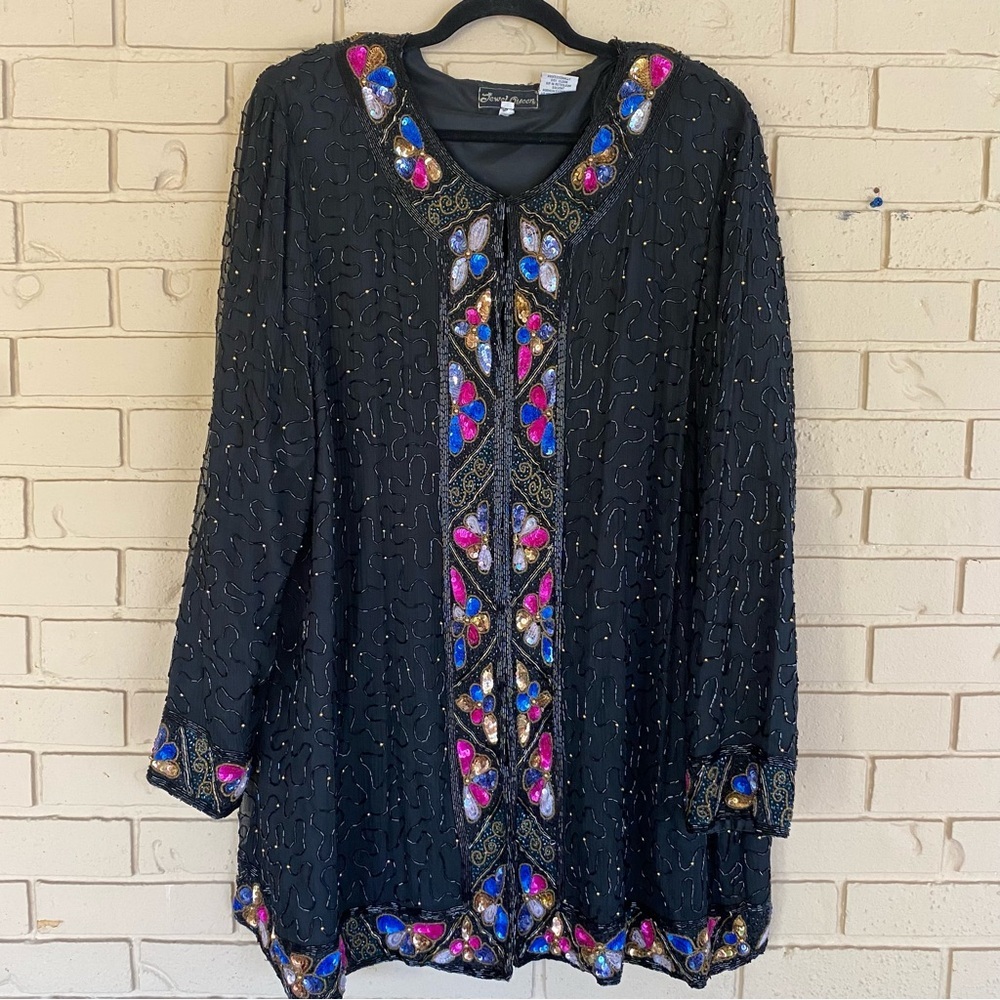 Vintage Jewel Queen Black Silk Beaded Sequin Jacket 3X Cocktail Party Formal